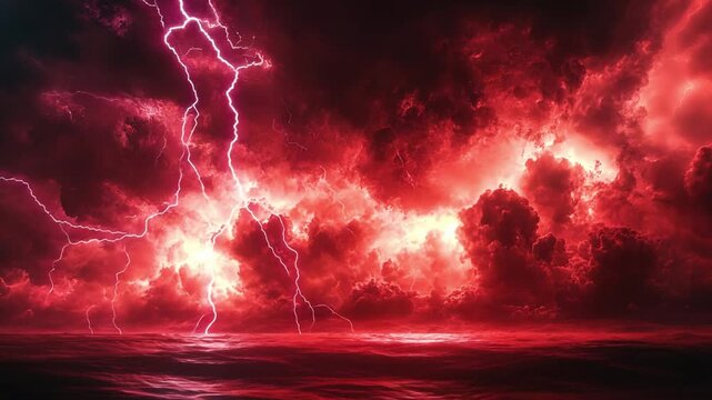 A dramatic red and black stormy sky over turbulent waters, evoking intense emotion footage