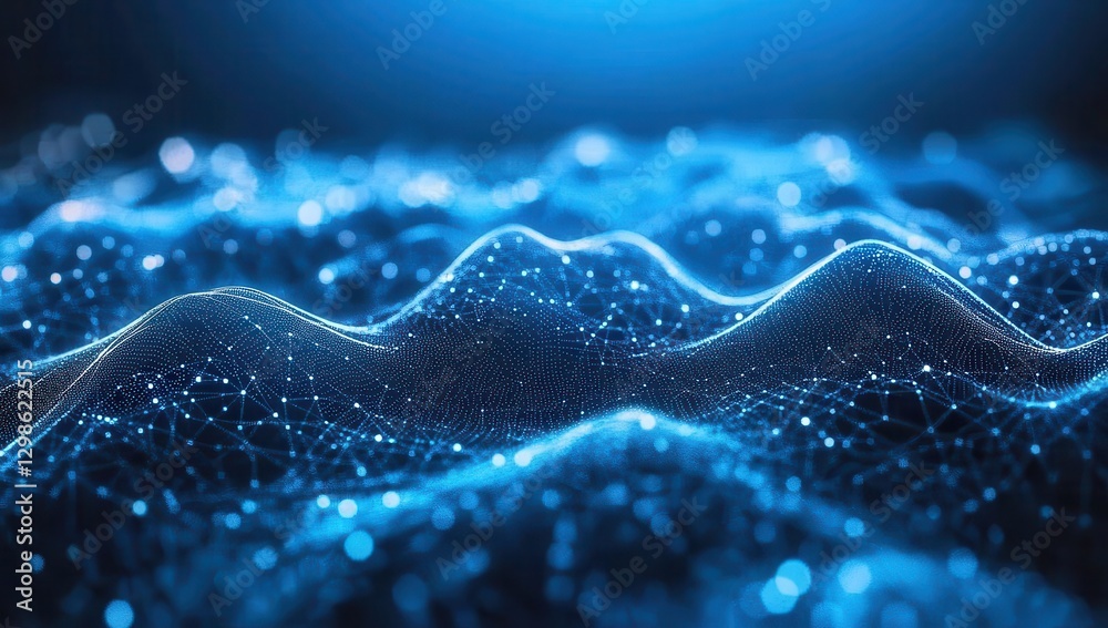 Poster abstract digital landscape with glowing blue waves and intricate particles representing data flow an
