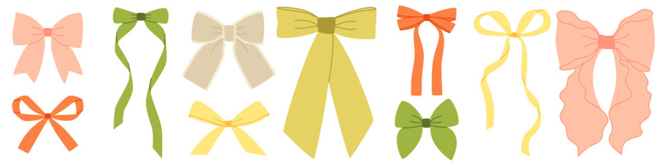 Set of different hair ribbons, bows of different colors with edging, sets of vintage bows for girls. Isolated ribbons. Attributes, decoration of parties, holidays, bow for gift wrapping, box.