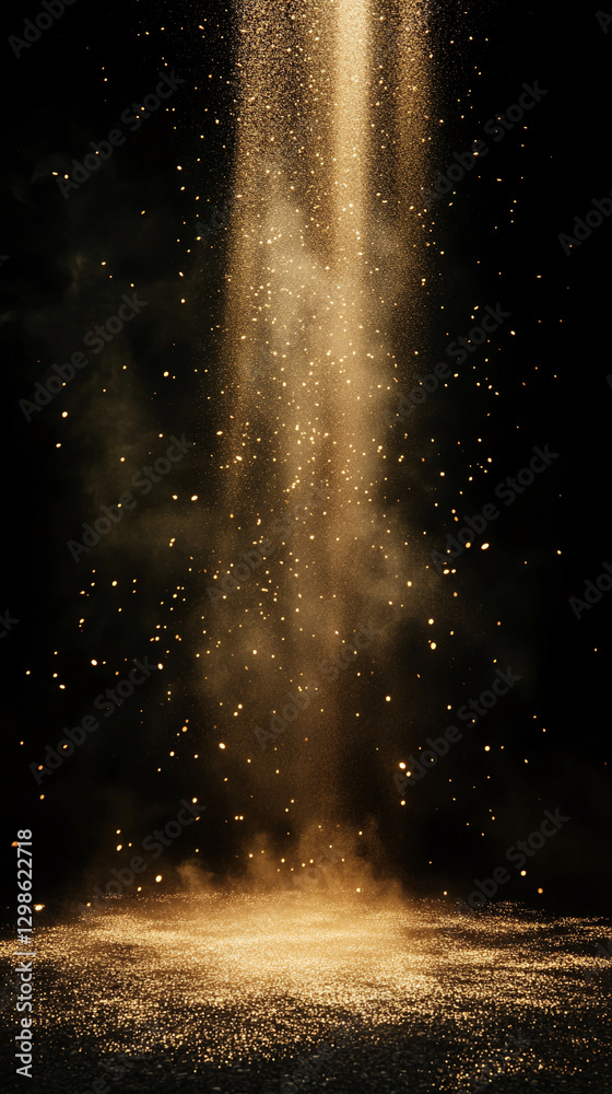 Aufkleber Golden dust or particles floating down through the air and creating a sparkling effect on the ground, symbolizing magic, beauty, and mystical energy in a dark atmosphere.