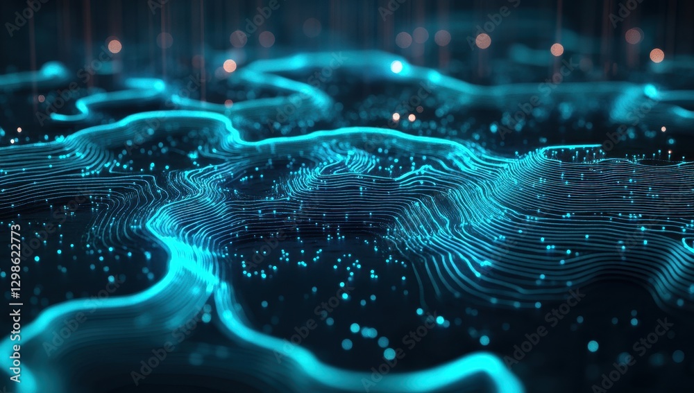 Poster abstract digital landscape with glowing lines and lights in a futuristic style representing data flo