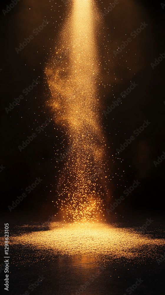 Aufkleber golden particles falling from above, creating a mesmerizing effect on the ground, symbolizing magic,