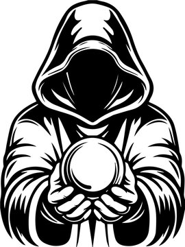Dark fantasy SVG vector features a wizard witch and magic. Mysterious figure in hooded robe holding a crystal ball