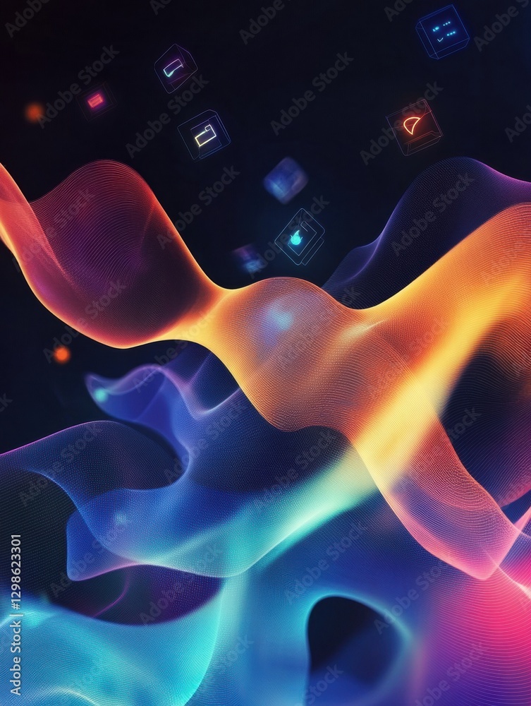 Poster Colorful abstract waves with digital icons floating in a virtual space at night. Generative AI