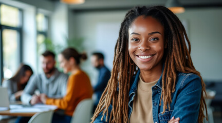 portrait of a smiling young woman with dreadlocks in a casual office setting