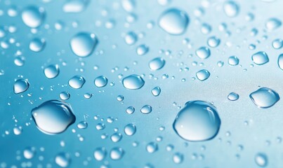 Water droplets on a glass surface, light blue background, top view, close-up