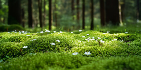 Forest floor covered in moss and small white flowers, illuminated by dappled sunlight.