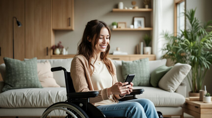 smiling woman in a wheelchair using her smartphone in a living room