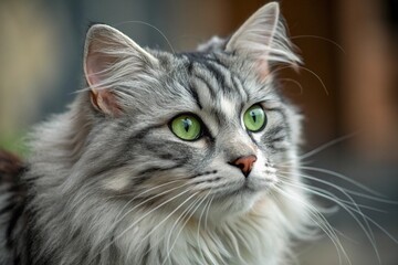 gray and white striped cat, highlighting its stunning green eyes and detailed fur pattern