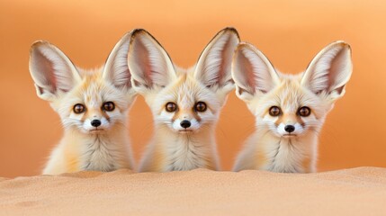 Three adorable fennec foxes with oversized ears curiously observing their surroundings in a warm desert landscape. 