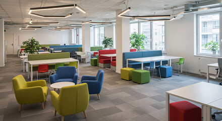 A modern office interior featuring a collaborative workspace with open seating, bright accents, and sleek design elements