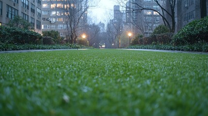 Wet Grass Pathway in City Park