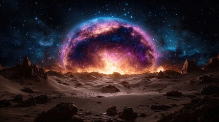Alien Planet Sunrise; Starry Night Sky; Cosmic Sphere; Dramatic Landscape; Sci-Fi Fantasy; Background of Space; Use for Sci-Fi Art; Posters