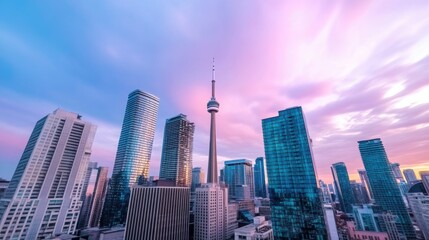 Time-lapse of a city skyline transitioning from sunset to night, vibrant and energetic