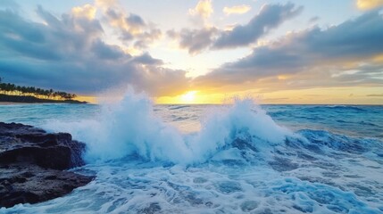 Waves crashing against a rocky shore at sunset, dramatic and powerful motion, cinematic style