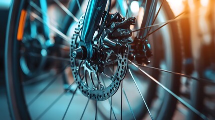 Obraz premium High-definition Close-up of Bicycle Hub with Metallic Spokes and Disc Brake in Clean Workshop