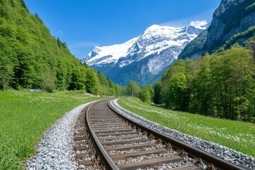 A scenic railway track curving around a majestic mountain landscape