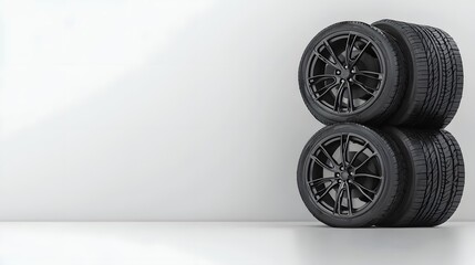 Stack of New Car Tires with Alloy Wheels on White Background