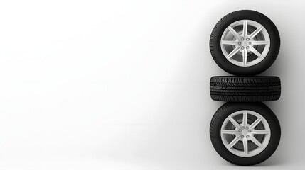 Stack of Four New Car Tires with Alloy Wheels on White Background