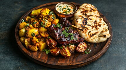 Indian take on Sunday roast featuring by tandoori-spiced lamb, saffron-infused potatoes, garlic naan crisps, served on a dark wooden plate, warm spice-colored background