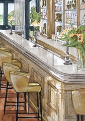 Hand drawn colour sketch showing a detail from an interior.