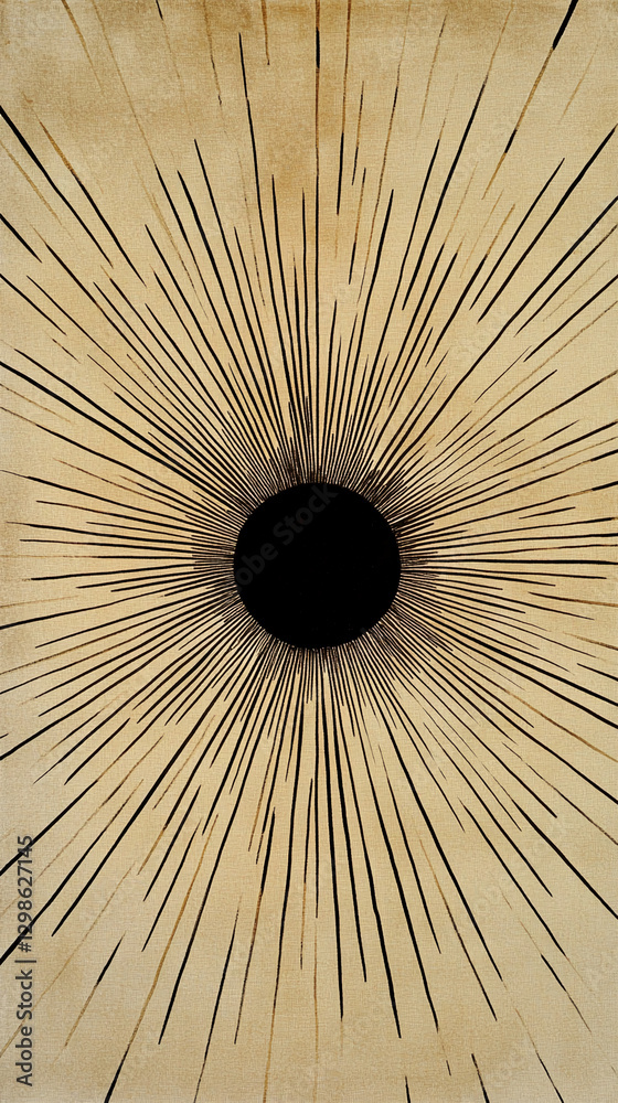 Poster an abstract design featuring a black circle at the center, with thin black lines radiating outward i