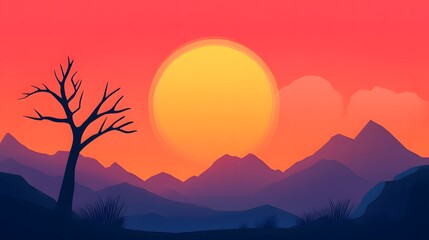 Naklejka premium Pixel Sunset Landscape Silhouette of a Bare Tree Against Vibrant Colors