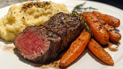 Japanese fusion Sunday roast featuring by slow-cooked wagyu beef with yuzu-infused soy glaze, wasabi mashed potatoes, and roasted miso carrots, plated with minimalist Zen aesthetics