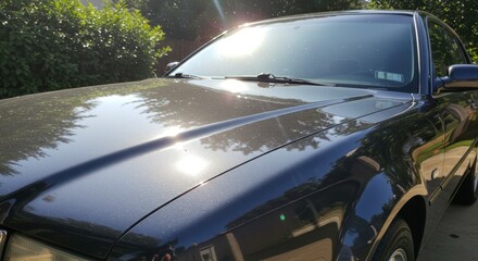 Obraz premium Shiny Truck in Sunlight: A dark-colored truck glistens in the sunlight. The vehicle is parked, ready to embark on a journey.