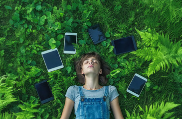 Digital detox in nature. Teen girl rests peacefully on the grass, surrounded by devices switched off