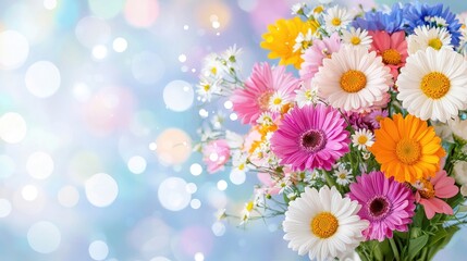 Colorful gerbera daisies bouquet, spring flowers, bokeh background, greeting card
