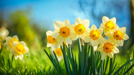 Fototapeta premium Yellow daffodils in the field. Blooming flowers in spring. Blurred background.