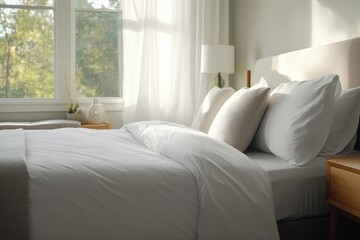 Bright bedroom interior with bed by window in morning light