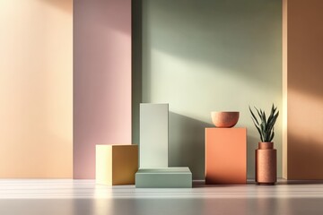 Minimalist display with geometric shapes and plant.