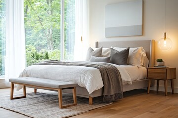 bedroom interior with large window and neutral tones