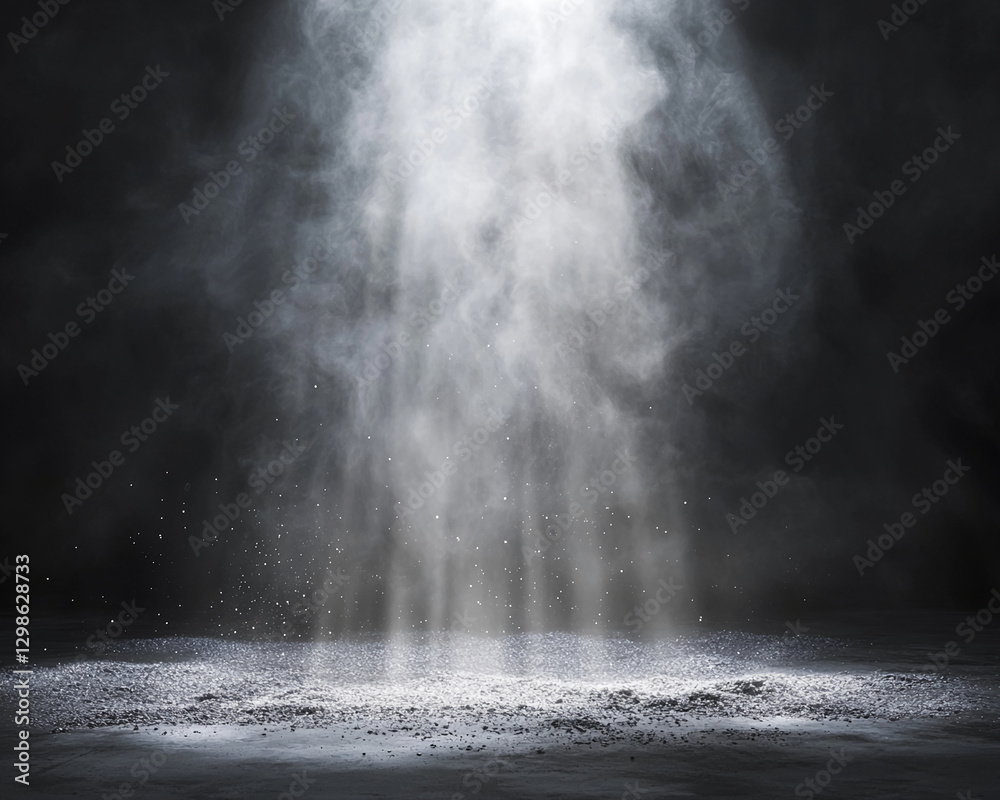 Poster A beam of light illuminating dust particles suspended in the air, creating an atmospheric scene that symbolizes mystery, motion, and the ethereal beauty of light and fog.