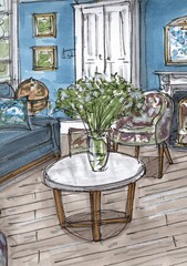 Hand drawn colour sketch showing a detail from an interior.