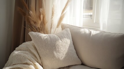 Sunlit Serenity: Cozy Beige Home Interior with Pampas Grass