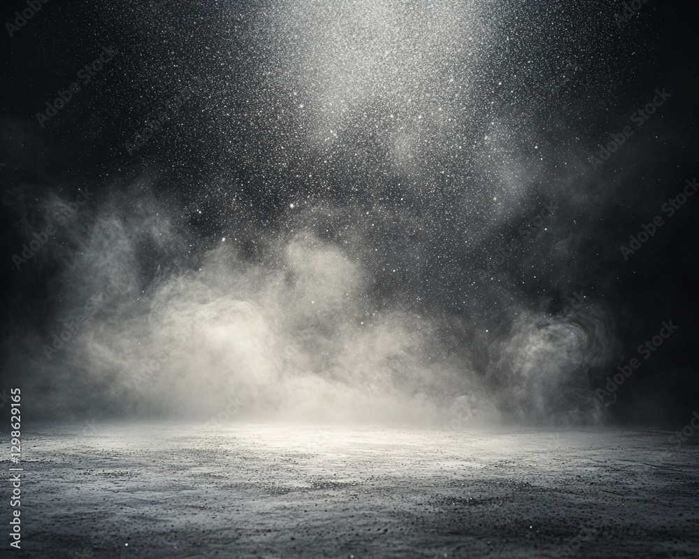 Poster a dark atmospheric scene with glowing dust particles suspended in smoke and light beams, creating an