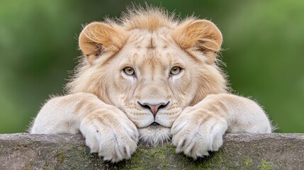 Fototapeta premium White lion cub resting its head on its paws on a stone ledge against a soft green background.