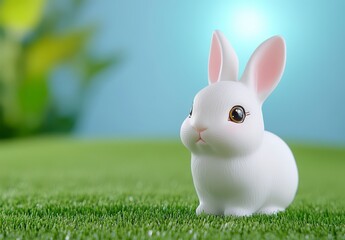 Adorable White Rabbit Figurine on Green Grass