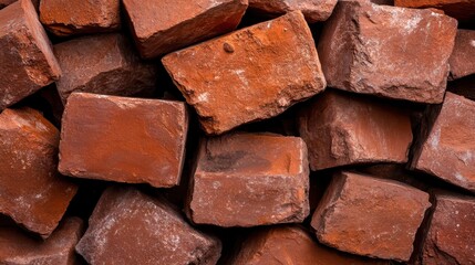 A close-up view of a chaotic pile of rustic clay bricks, emphasizing their natural earthy tones and textures that create a sense of depth and warmth suitable for various creative uses.