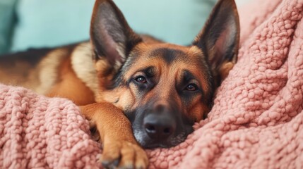 Obraz premium This serene image showcases a calm German Shepherd lounging on a soft, pink blanket, revealing its gentle nature and the bond between dogs and their loving families.