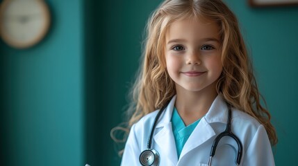 Young Child in a Doctor Costume With a Stethoscope and Clipboard on a Neutral Backdrop