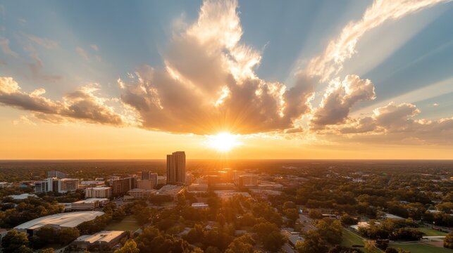 A captivating sunset scene with dramatic clouds and rays illuminating the urban horizon, portraying a beautiful ending to a lively day in the city.