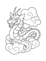 Japanese Dragon Winding Through Clouds – Mythical Adult Coloring Page on White Background