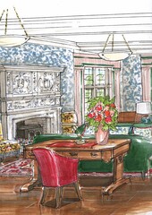 Hand drawn colour sketch showing a detail from an interior.