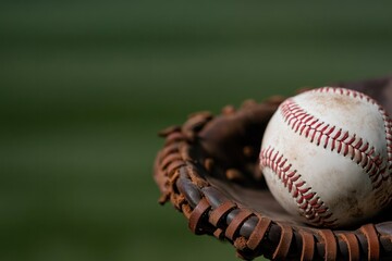Baseball resting in worn glove against blurred green background