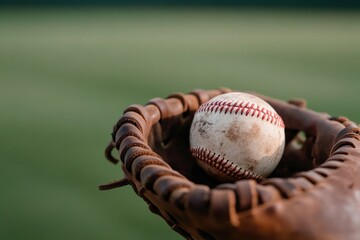 Baseball resting in leather glove, showcasing textures and outdo