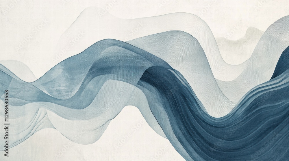 Poster Fluid wave pattern in blue tones on a soft white background creating a calming visual effect. Generative AI